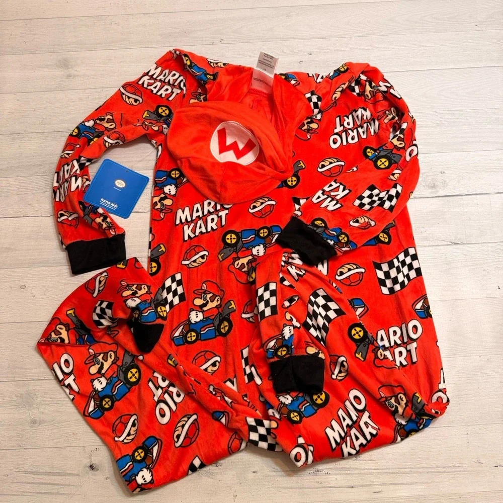 Mario kart kids one piece fleece‎ pajama union suit kids size 8 NEW